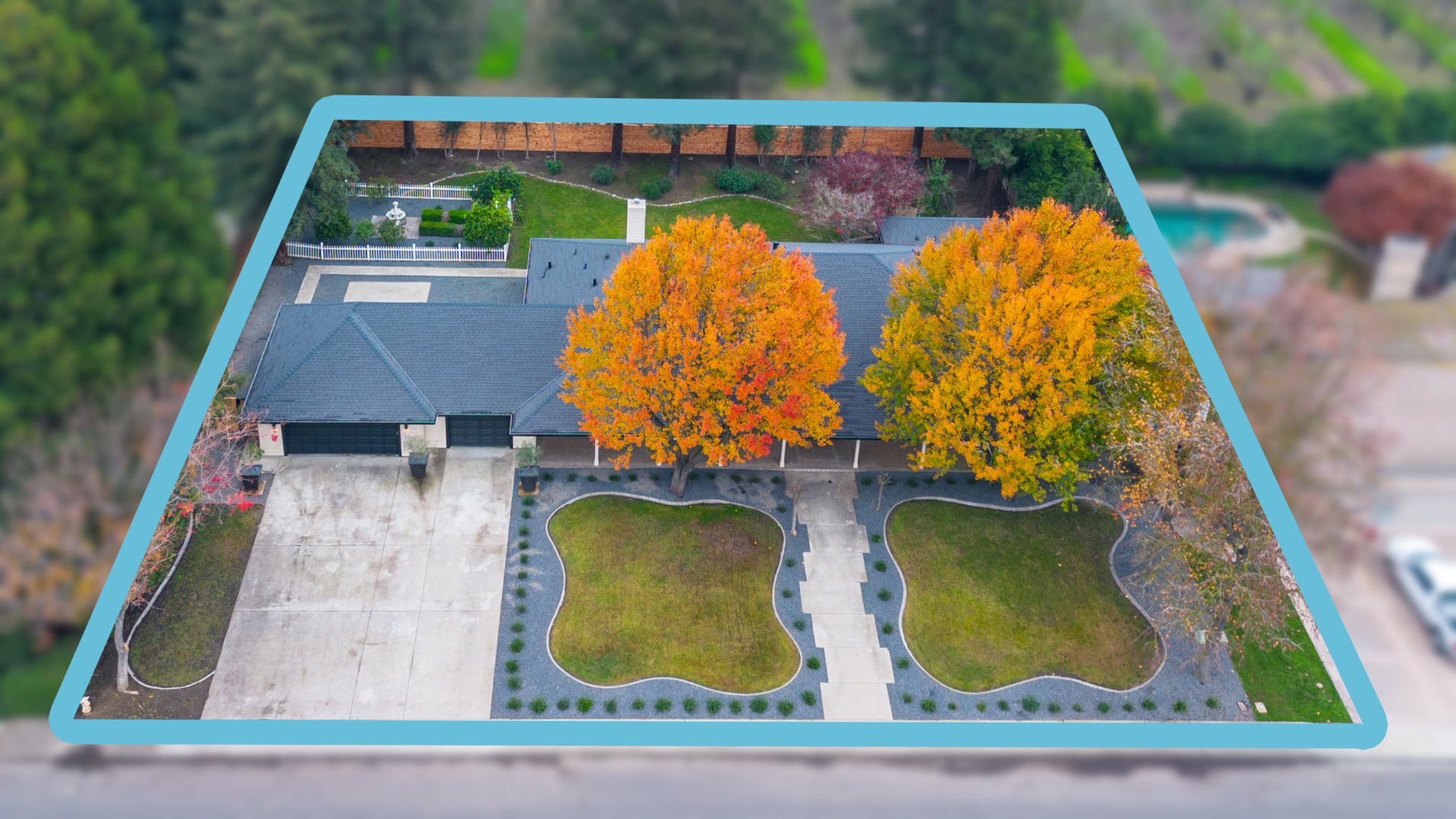 Aerial view outlining the nearly half-acre property